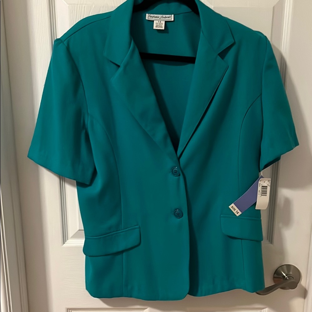 NWT Stephanie Andrew’s  teal Short Sleeve Blazer with Notched Lapels. Size 14.